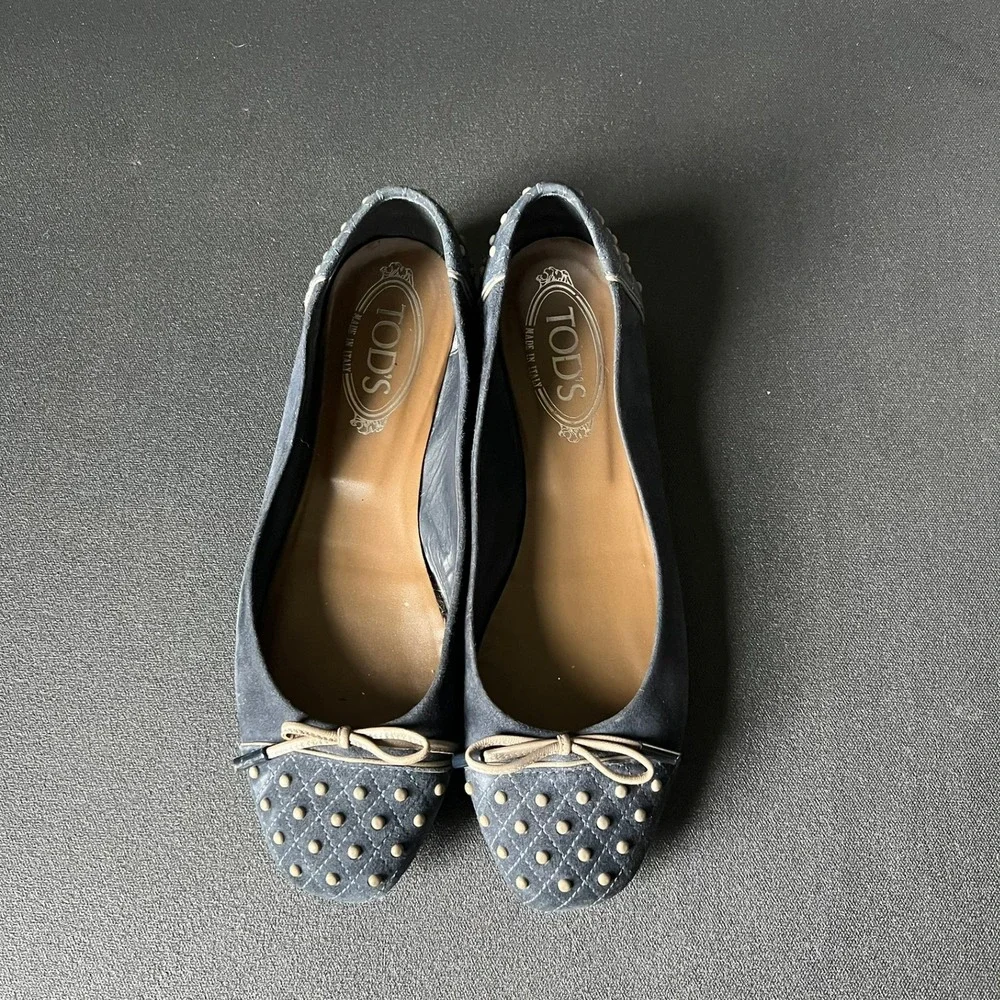 Tods Navy Blue Suede Quilted Studded Ballet Flats Shoes Made in Italy 38.5 US 8